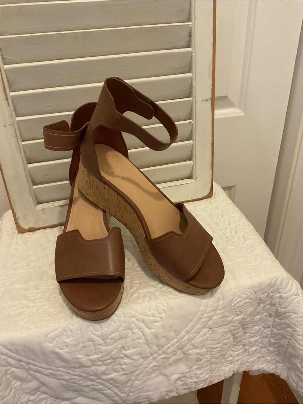 Franco Sarto Tan Leather Cork Wedge Sandals with Ankle Strap - Picture 2 of 8